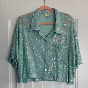 POL Light Turquoise Sequin Cropped Button-Down Top